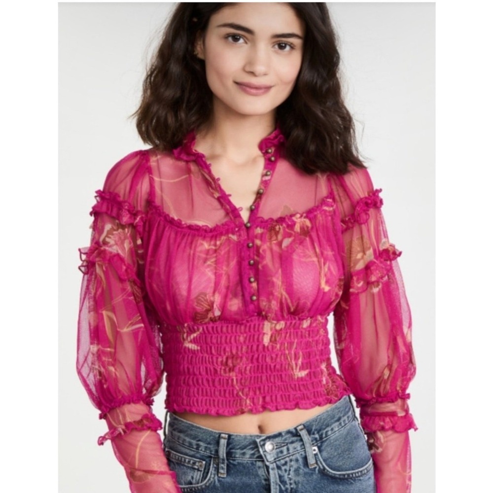 Free People Blouse Womens Small Magenta Floral Sheer Mesh Smocked Ruffle Top